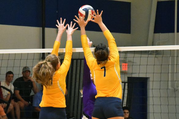 Two volleyball players reach for a volleyball